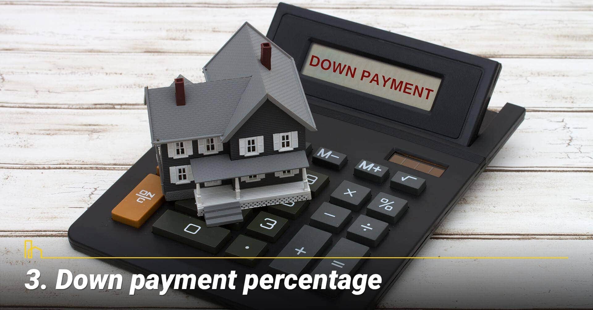 Down payment percentage, amount of down payment Down payment percentage, amount of down payment