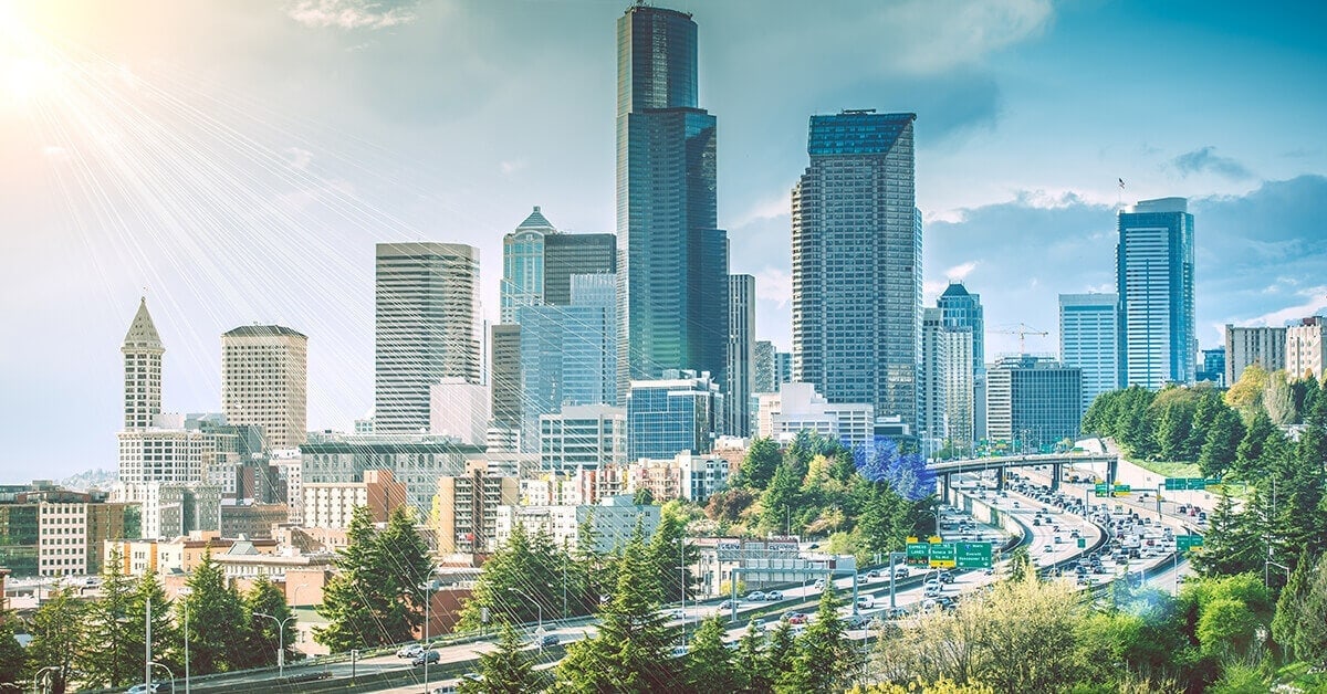 Busy highways, seaport and airport in Seattle, Washington