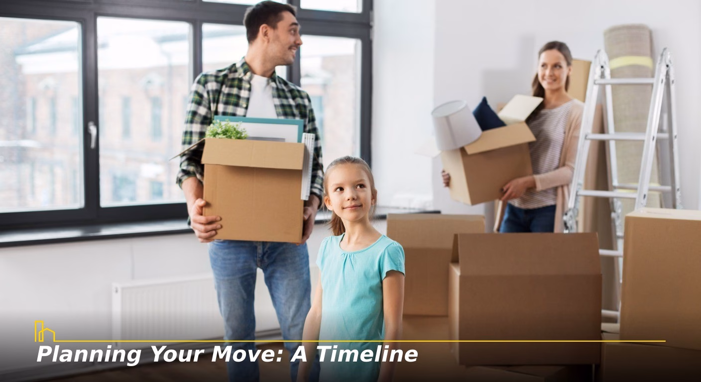 4 mortgage family and real estate concept happy mother father and little daughter with stuff in boxes moving to new home branded