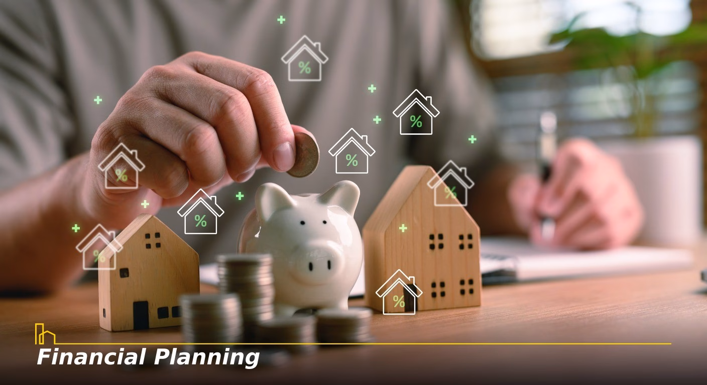 7 Saving coins into piggy bank with house and interest rate icons representing financial planning home loan property investment mortgage and building long term real estate wealth branded